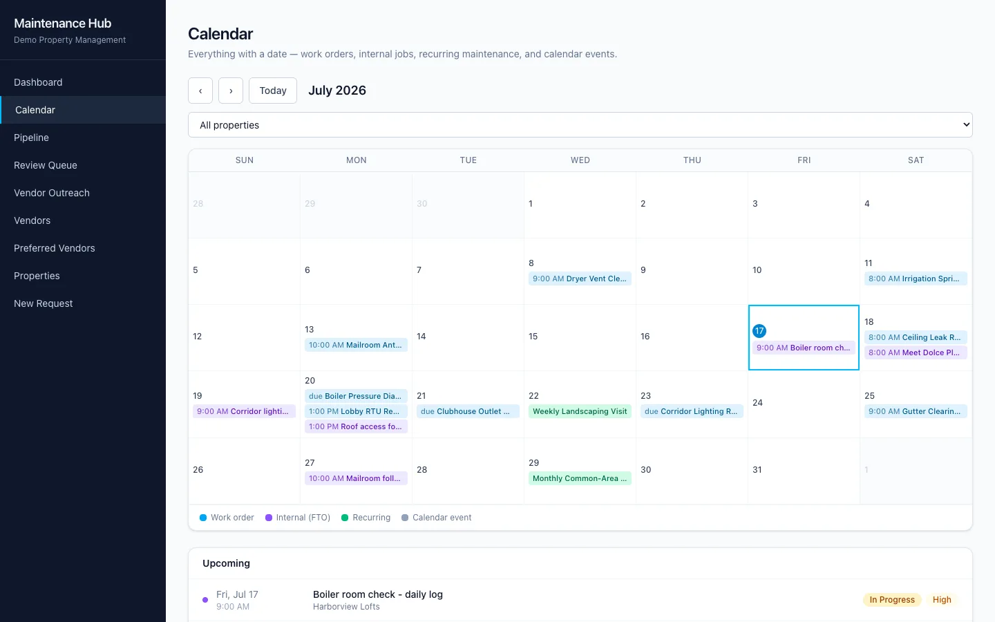 Rentatrix maintenance calendar with work orders and recurring events across properties